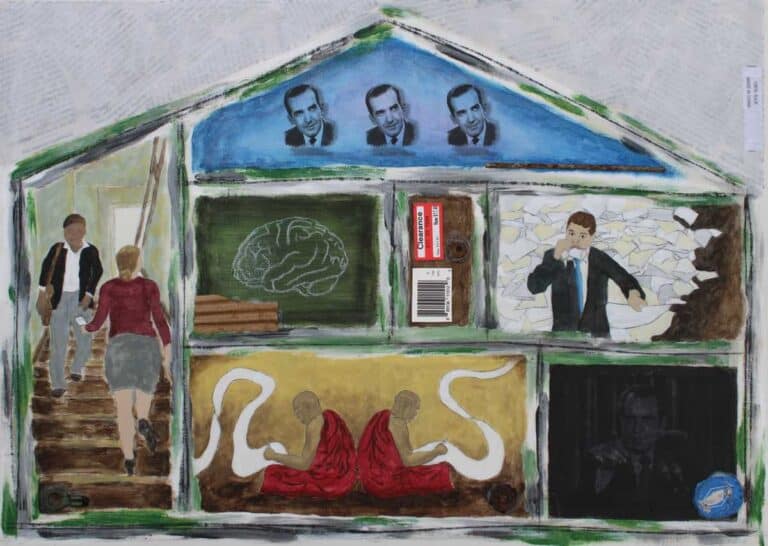 Painting collage of cutaway house, with monks writing on scrolls, man eating paper, people passing notes and head of Murrow.