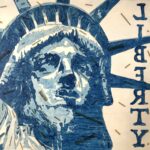 Painting of Statute of Liberty with Liberty written backwards in blue tones.