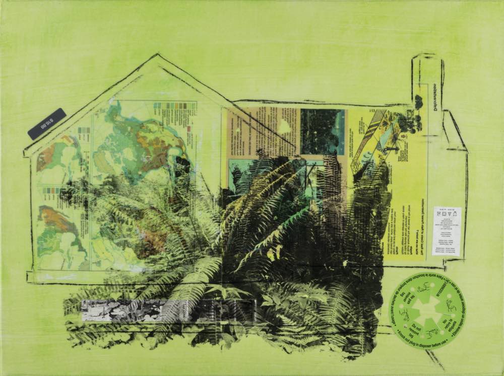 Pinting of a house with images of map inside and black and white ferns in front on bright geen background with paper and tags collaged into the painting.