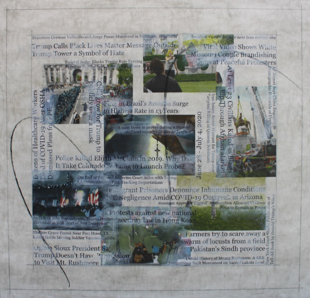 Painting of collages newspaper images and headlines