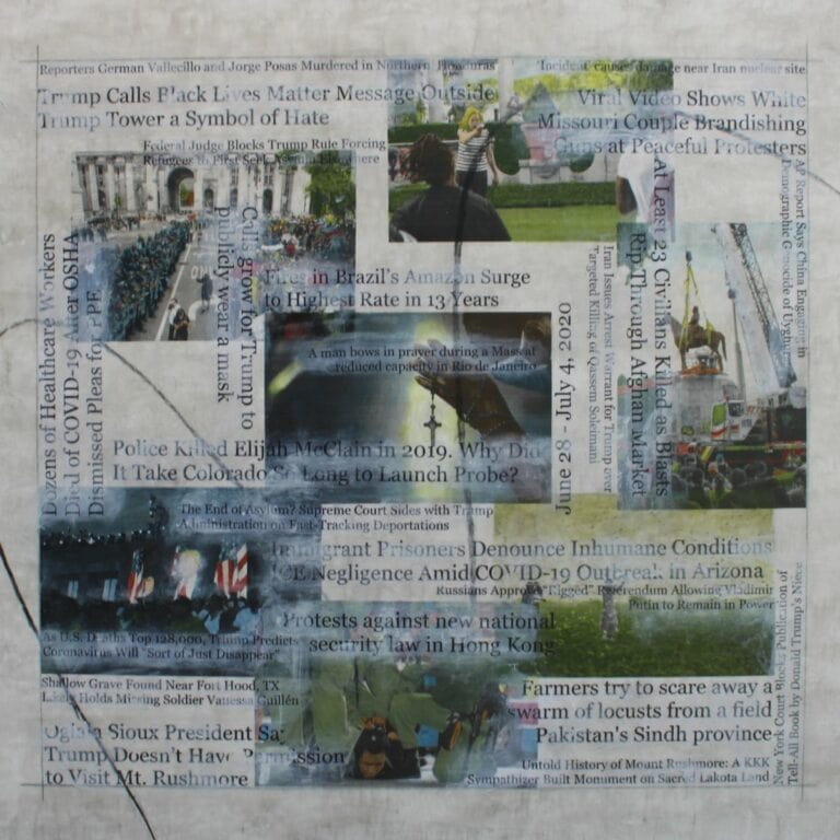 painting that contains headlines and images from the news