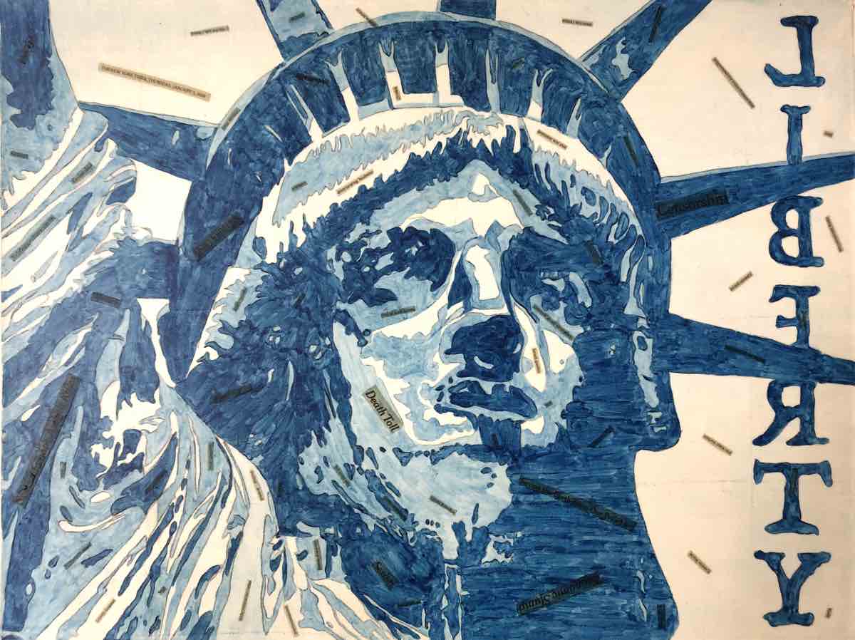 Painting of the Statue of Liberty's face in blue tones with libery written backwards with words clipped out of the newspaper collaged into the art.