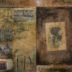 Abstract encaustic painting with drawing of fern leaves, magazine clippings, and rusty nails.