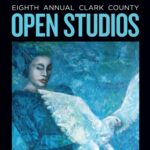 Painting of a lady in blue with a white bird infant of her with eighth annual clark county open studios written at the top.
