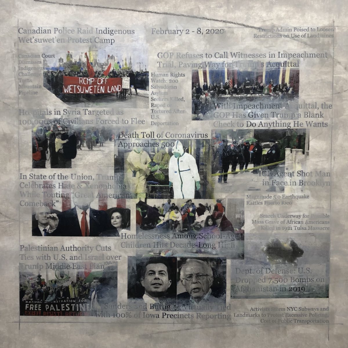 Painting collages with headlines and hand painted images from news papers with paint obscuring some of the headlines.
