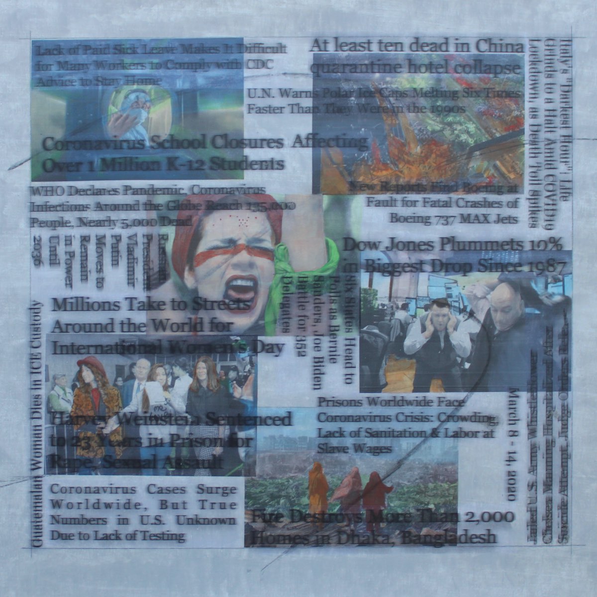 Painting with headlines going in different directions and hand painted images collaged from a news paper.