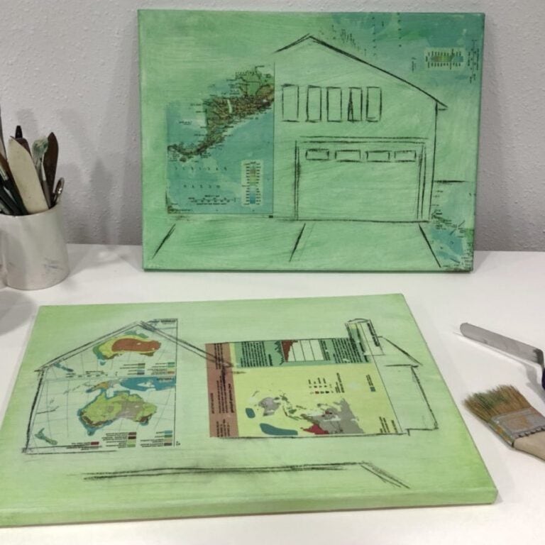 Two paintings works in progress house outline on green background with collage.