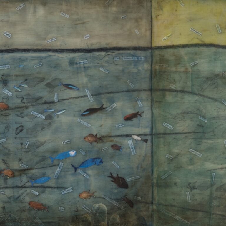 Painting of ocean with one half teaming with fish and the other half devoid of any life.