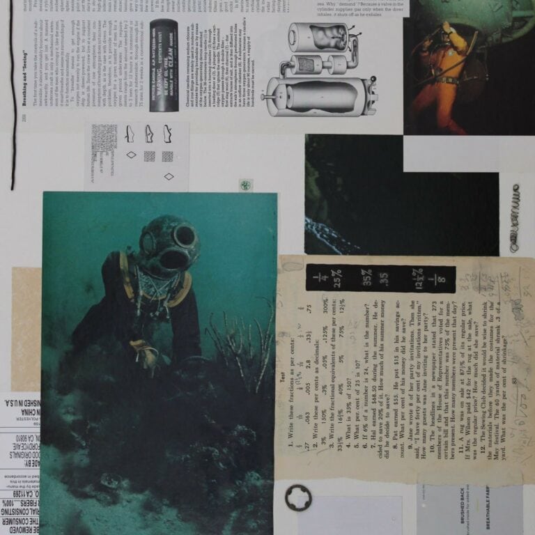 Paper college of a scuba diver with old math book page, product tags, and wire.
