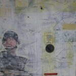 Collaged painting in cream and yellow colors of a soldier in combat uniform with magazine clippings, paper tags, metal, and other found objects.