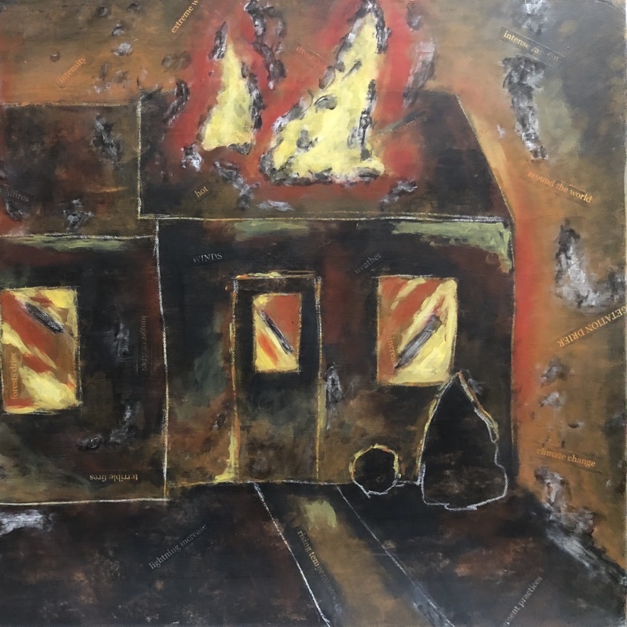 Painting of a burning house with charcoal, acrylic, and collaged paper clippings.
