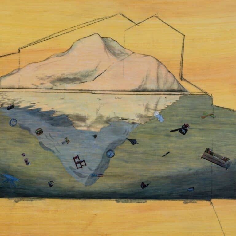Painting of an iceberg melting inside a house with household and personal items floating around it.
