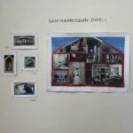 Five paintings of houses by artist, Sam Marroquin, attached to a gallery wall.
