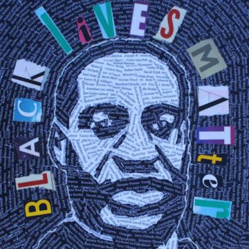 Paper and paint collage of George Floyd composed of the names of Black Americans killed by police 2017-2020.