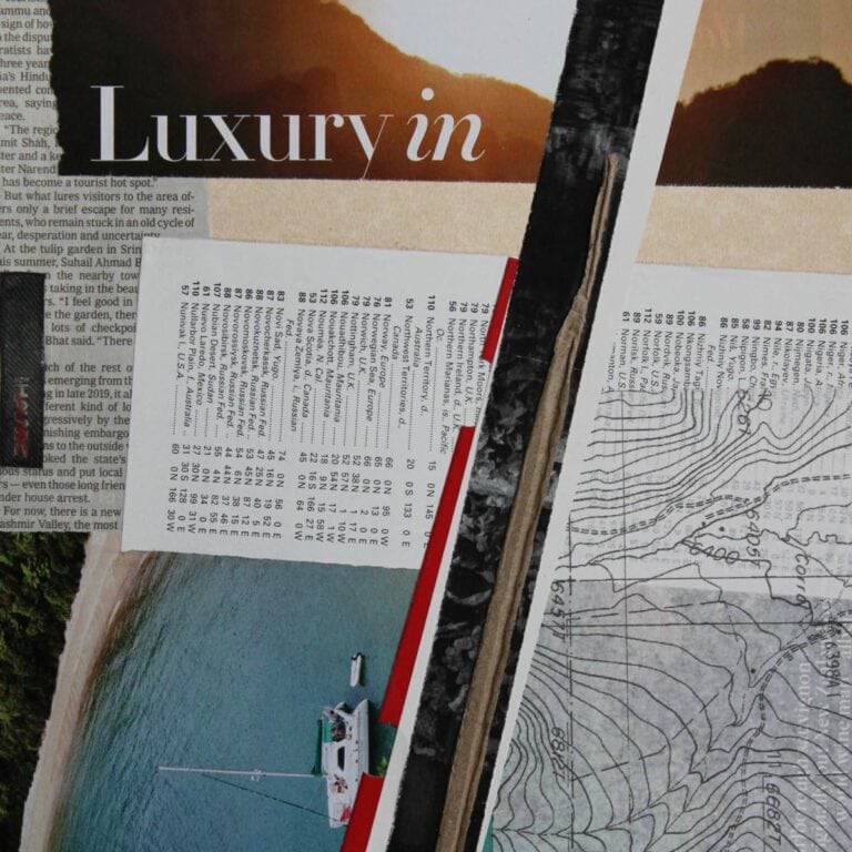 Art collage made with newspaper clippings, maps, tags, plastic, and metal.