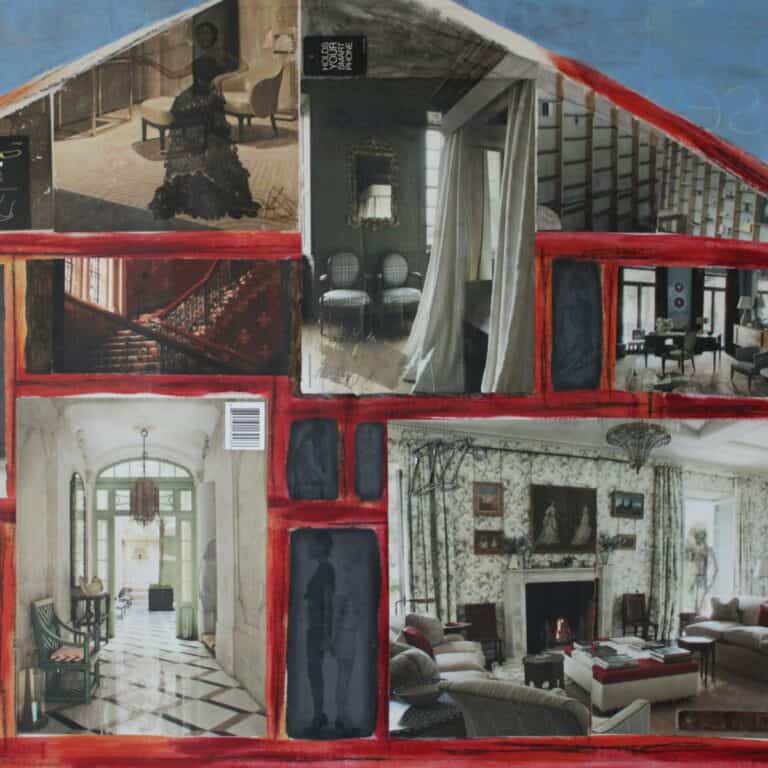 Painting of an interior view of rooms in a house with a lady and skeletons inside.