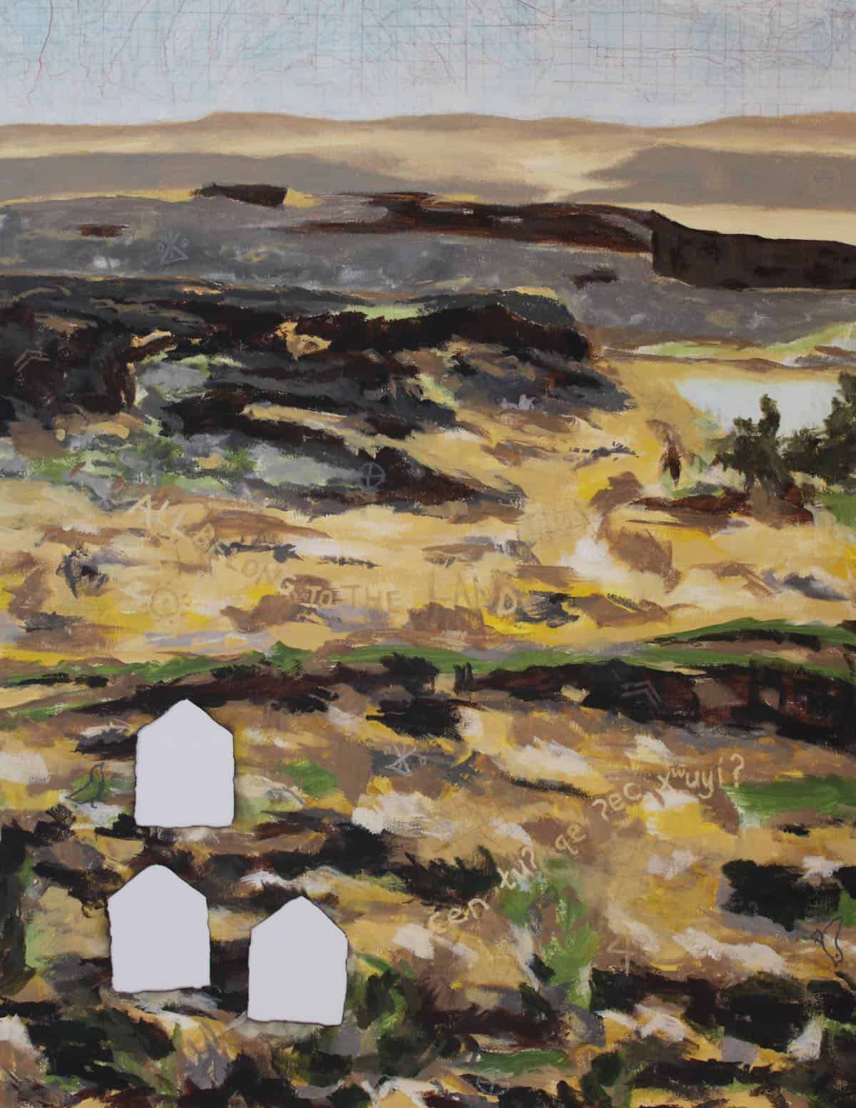Painting of a landscape with house shapes cut out of the canvas along with writing and symbols throughout the painting.