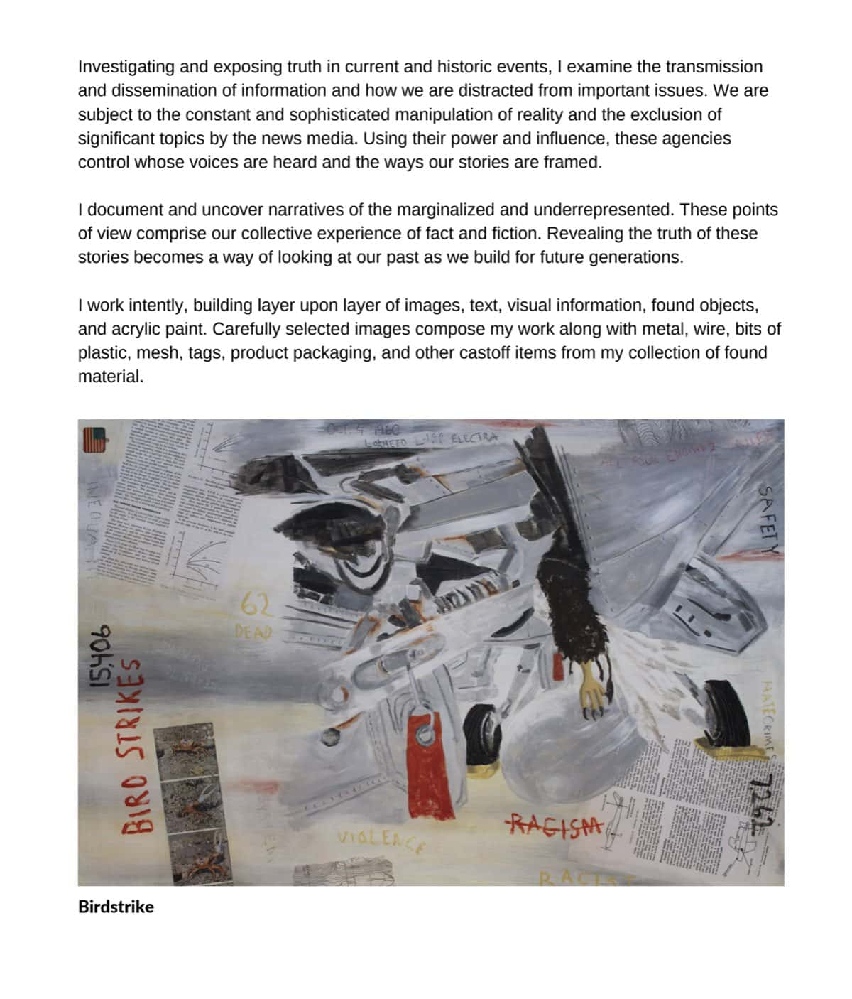 Page from Photosynthesis Magazine featuring Sam Marroquin's collage painting of a birdstrike on an airplane.