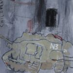 Abstract painting of a tank infront of a grey building with text that reads death toll and children.