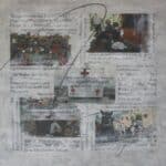 Painting created with collaged newspaper headlines, charcoal and hand colored image transfers on canvas by Sam Marroquin.