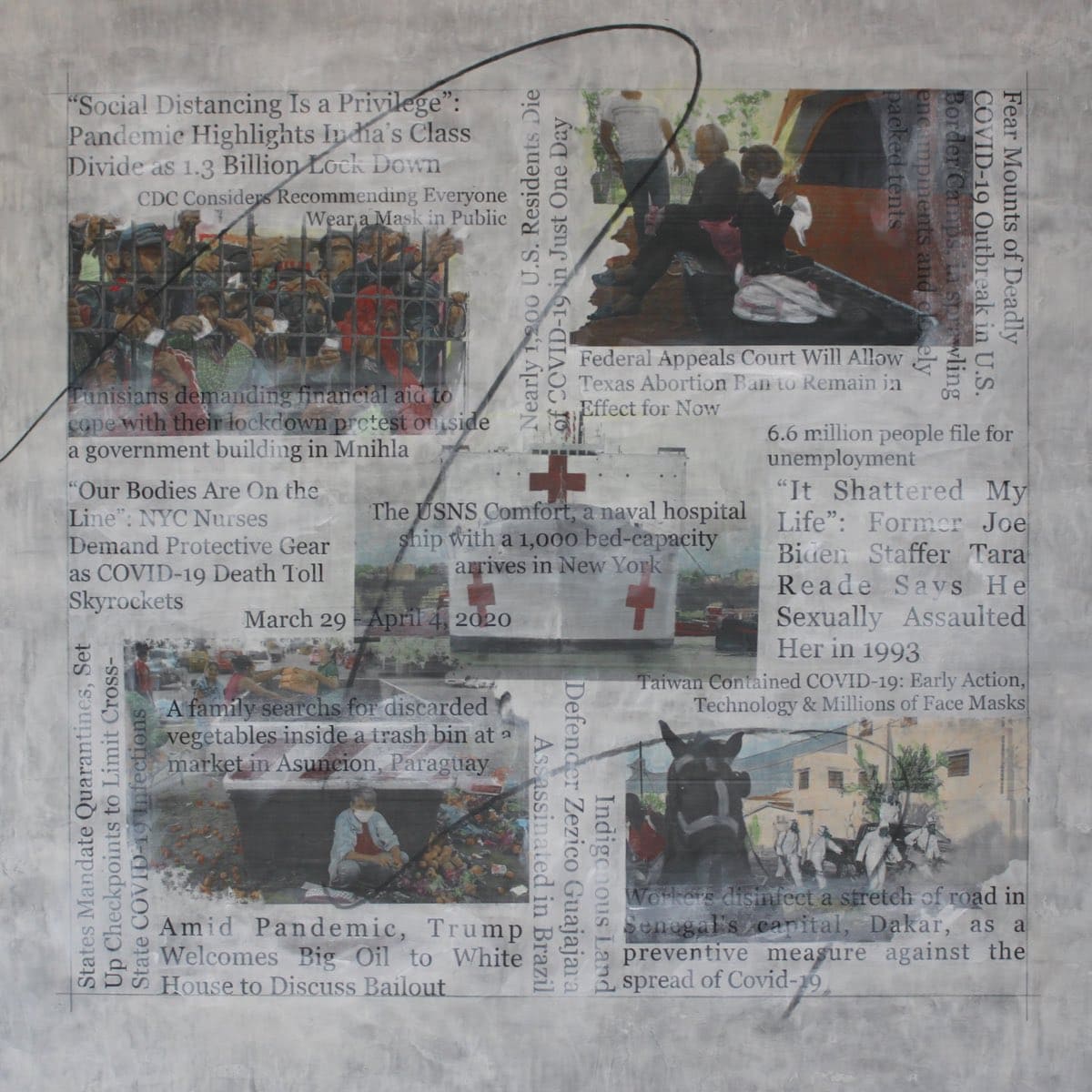 Painting created with collaged newspaper headlines, charcoal and hand colored image transfers on canvas by Sam Marroquin.