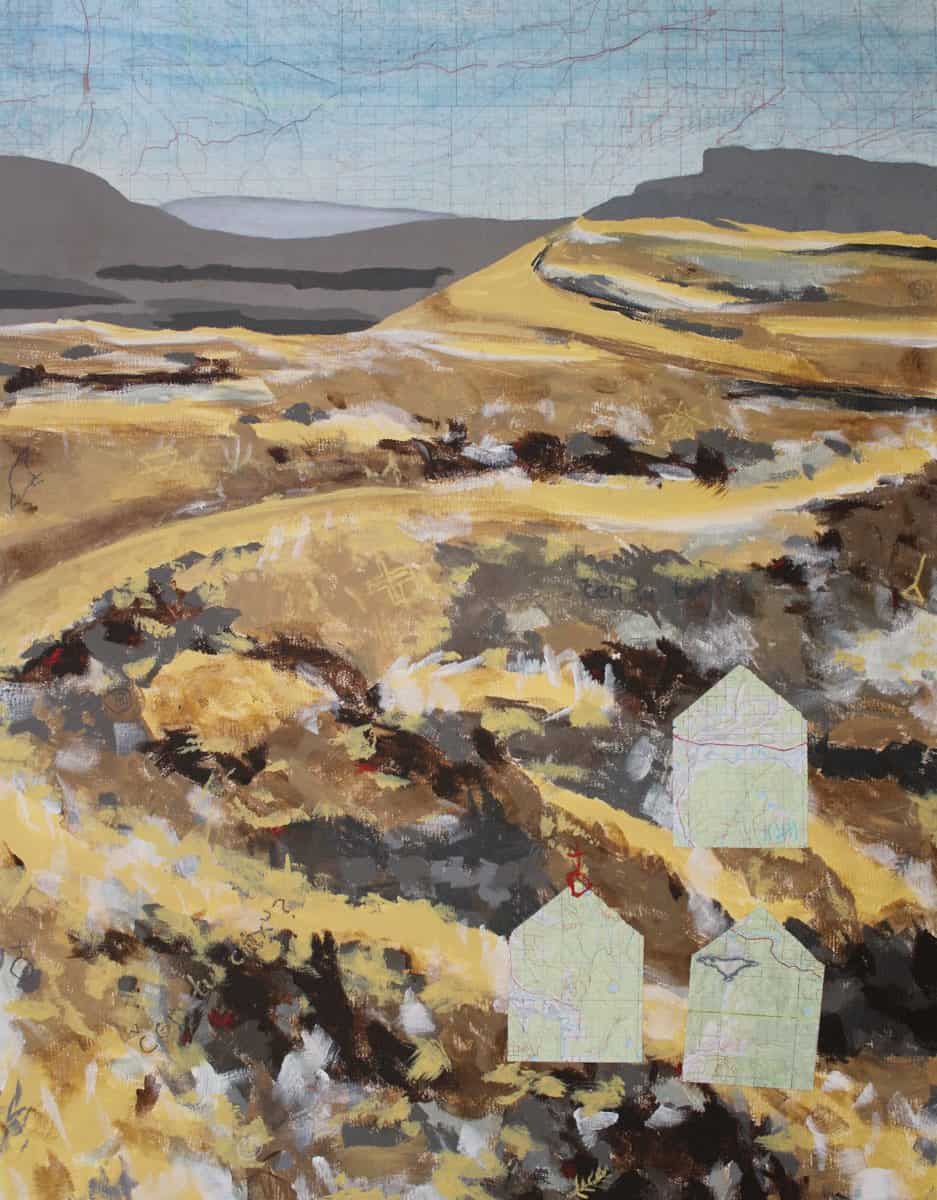Painting of a landscape collaged with maps cut into house shapes, with map image transfers in the sky and writing in symbols throughout.