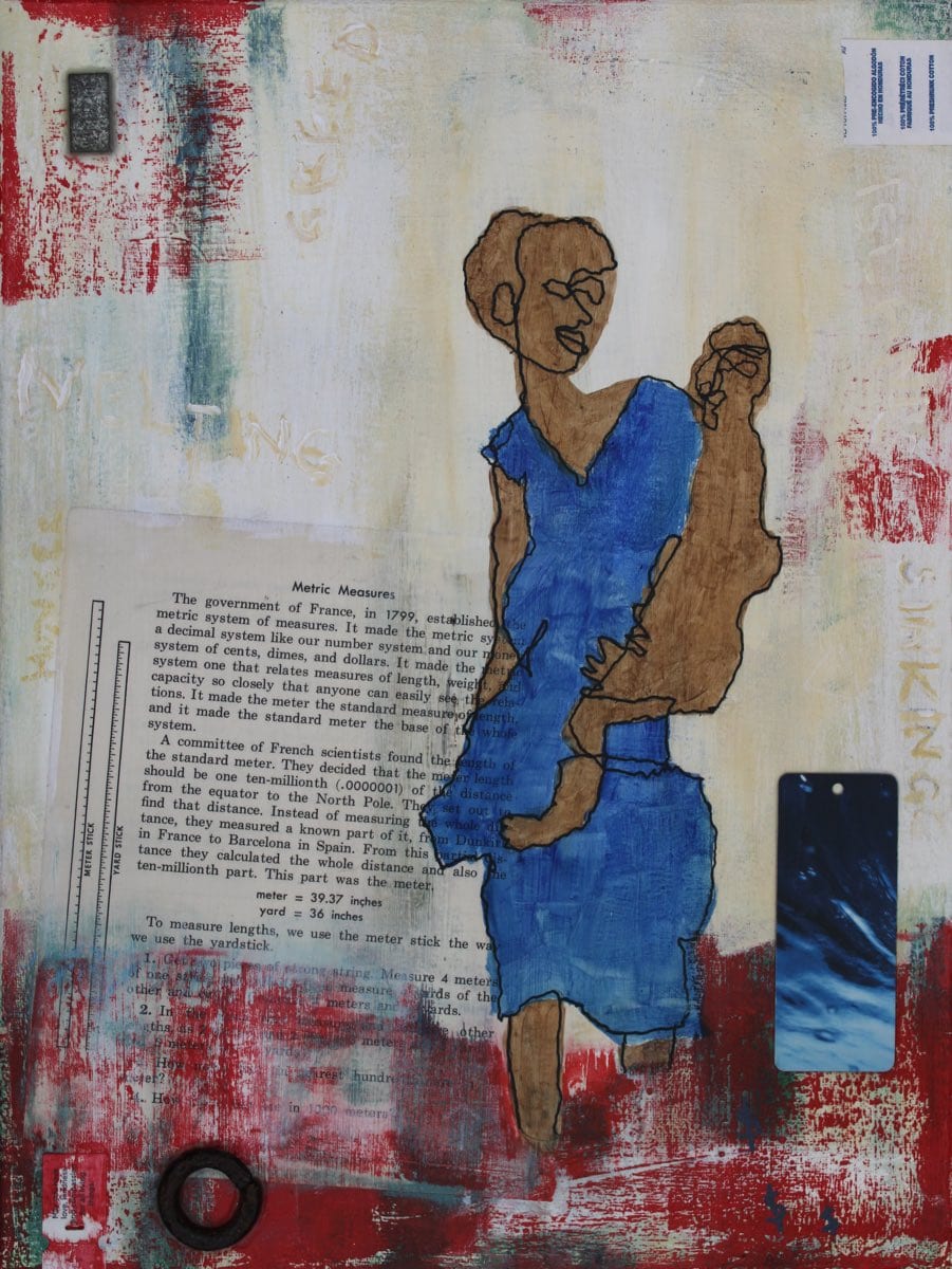 Painting of a lady and an infant walking through knee high water collaged with paper and other found objects.