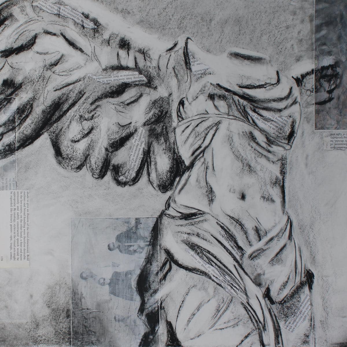 A collage pf paper and drawn charcoal of the Nike of Samrothrace, an ancient Greece sculpture of the winged goddess of victory.