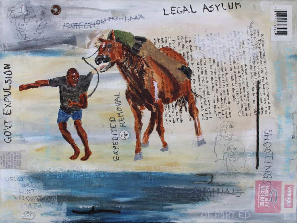 Painting of an immigrant and a border patrol officer on a horse net to a river with collaged paper, text and found objects.