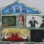 Painting collage of cutaway house, with monks writing on scrolls, man eating paper, people passing notes and head of Murrow.