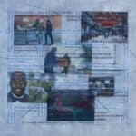 Acrylic and collage painting of news headlines and hand-painted images from the news media.