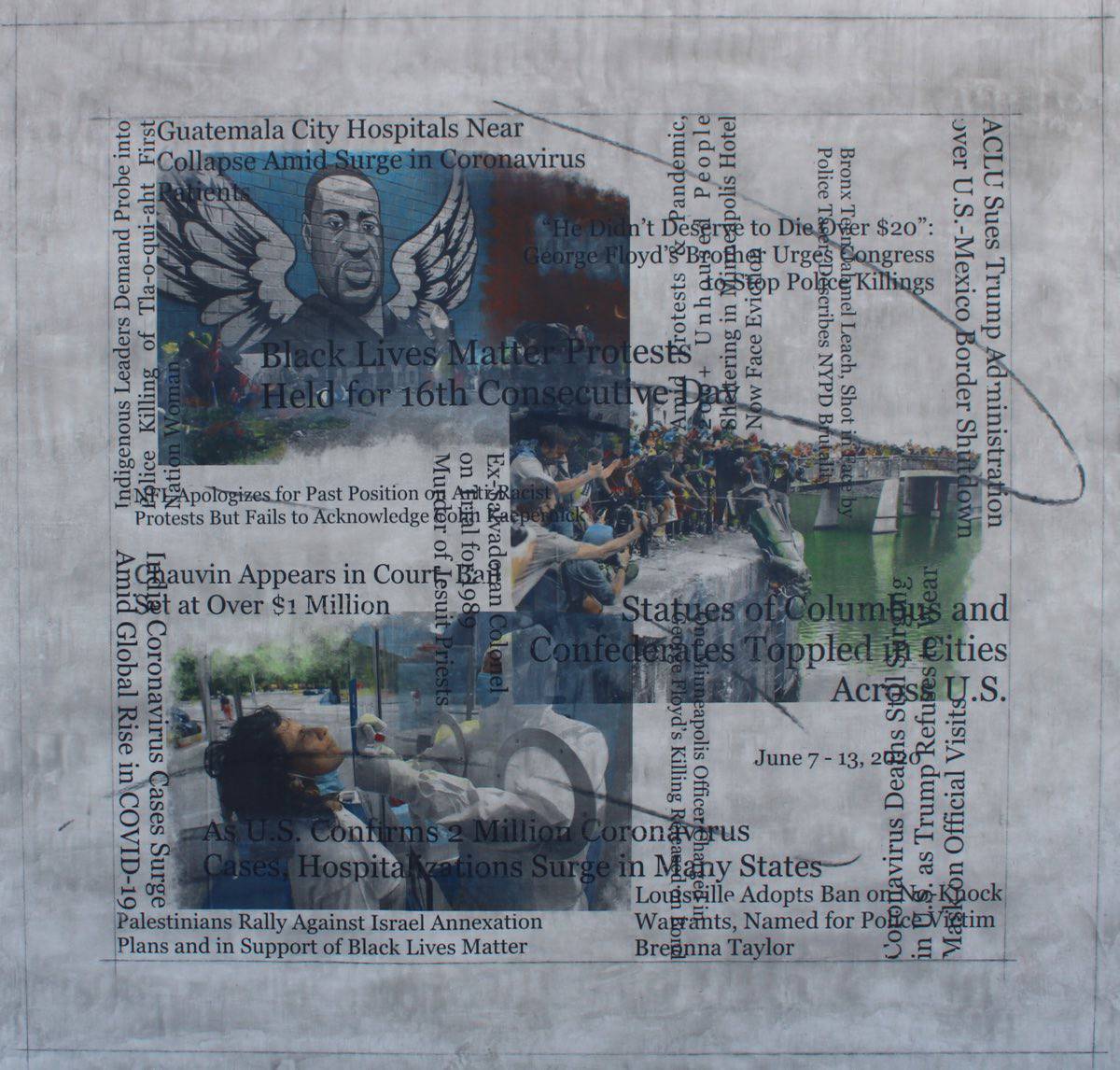 Acrylic and collage painting of news headlines and hand-painted images from the news media.