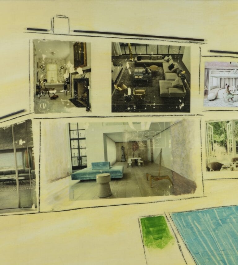 Painting of a cross section of a house with collaged image transfers, charcoal, paper, and metal by artist Sam Marroquin.