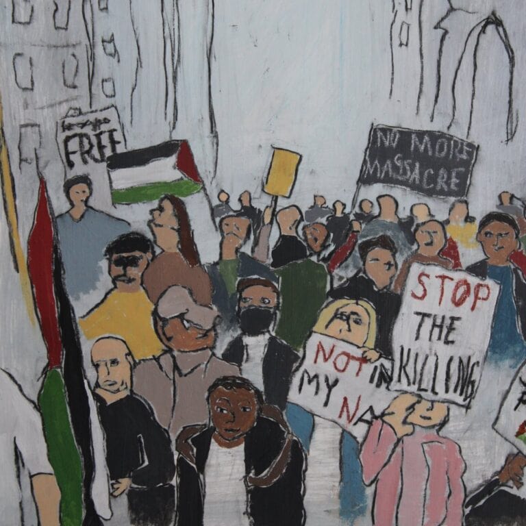 A painting of protesters by artist Sam Marroquin.