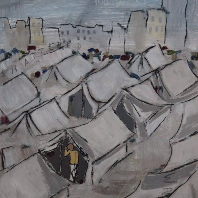 Abstracted painting of tents in a refugee camp by artist Sam Marroquin