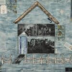 A collaged painting of a house with black and white images of people inside, on a blue background.