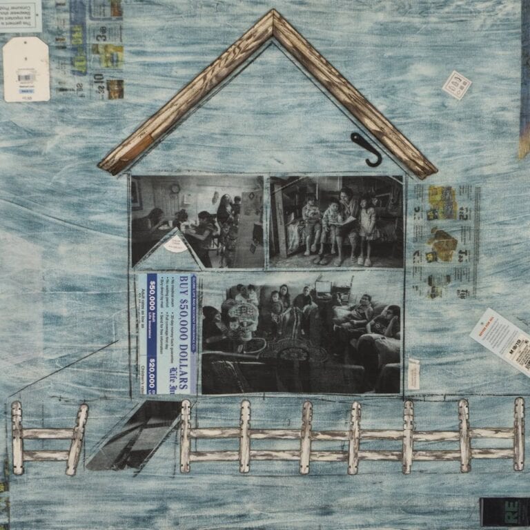 A collaged painting of a house with black and white images of people inside, on a blue background.