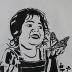 Painting of a little girl smiling joyfully and holding a butterfly in black and white.