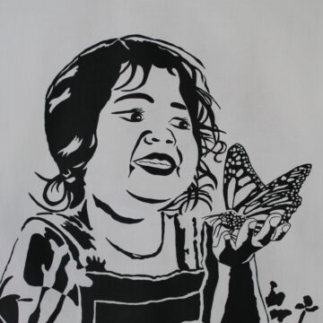Painting of a little girl smiling joyfully and holding a butterfly in black and white.