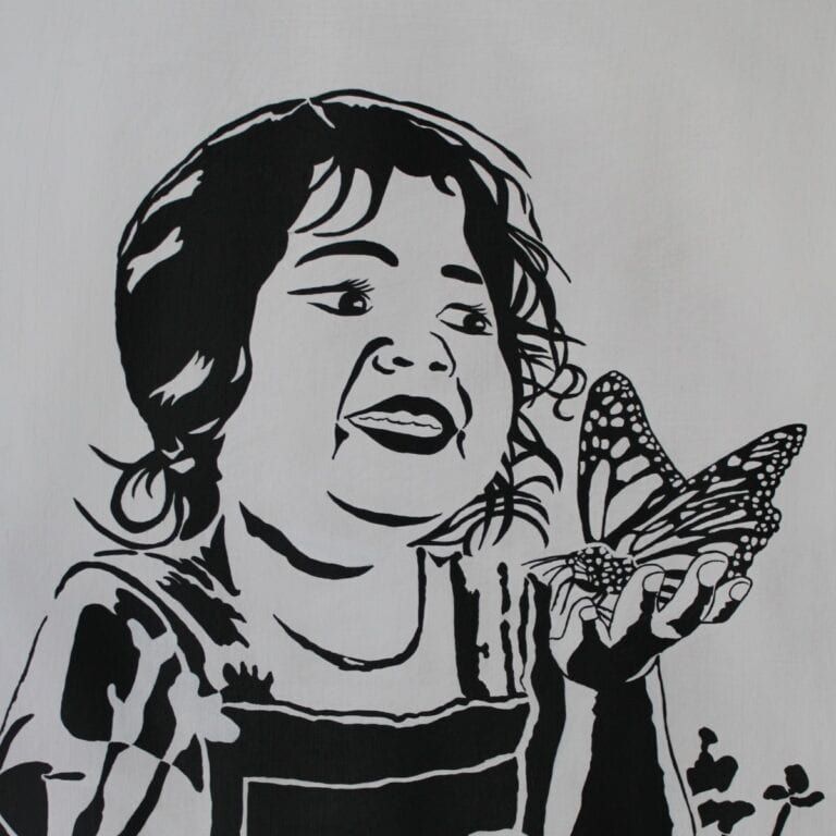 Painting of a little girl smiling joyfully and holding a butterfly in black and white.